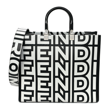 FENDI X MARC JACOBS Vitello King Logo Print Medium Fendi Sunshine Shopper Tote Black White