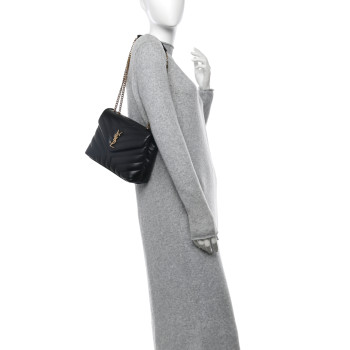 SAINT LAURENT Calfskin Y Quilted Monogram Small Loulou Chain Satchel Black