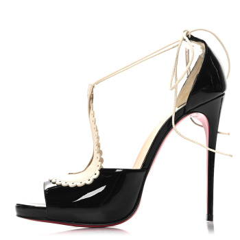 CHRISTIAN LOUBOUTIN Patent Operissima Peep Toe Sandals Ankle Strap 39.5 Black White