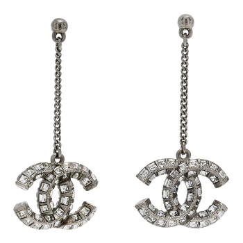 CHANEL Baguette Crystal CC Drop Earrings Silver