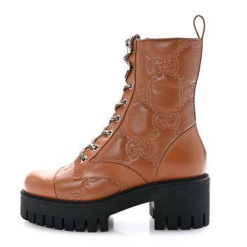 GUCCI Cordovan Lux Nappa GG Matelasse Lace Up 60mm Combat Boots 36 Dark Hazel Brown