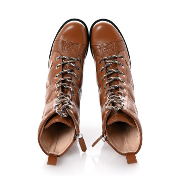 GUCCI Cordovan Lux Nappa GG Matelasse Lace Up 60mm Combat Boots 36 Dark Hazel Brown