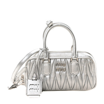 MIU MIU Metallic Nappa Matelasse Mini Arcadie Top Handle Bag Silver
