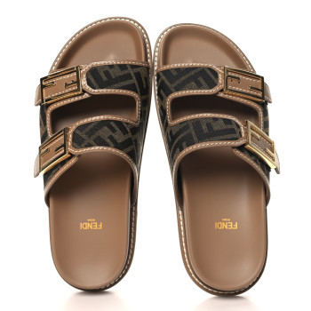 FENDI Fabric Jacquard Nappa FF Womens Fendi Feel Buckled Slide Sandals 40 Tobacco Black Miele Scuro