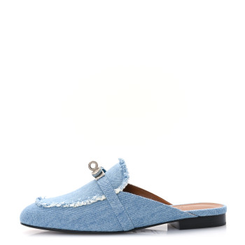 HERMES Denim Fringed Oz Mules 36 Bleu Clair