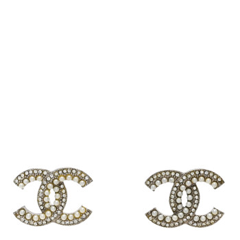 CHANEL Pearl Crystal CC Snow Palace Earrings Silver