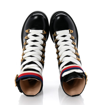 GUCCI Calfskin Sylvie Web Lace Up Combat Boots 35 Black