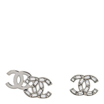 CHANEL Baguette Crystal Double CC Earrings Silver