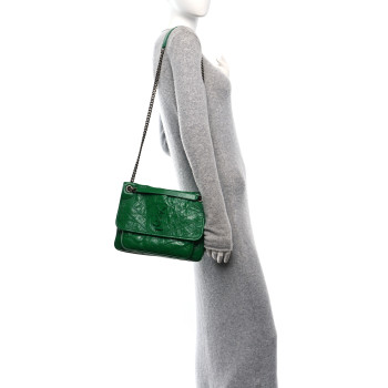 SAINT LAURENT Crinkled Calfskin Matelasse Monogram Medium Niki Chain Satchel New Vert Praire