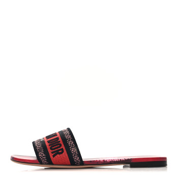 CHRISTIAN DIOR Canvas Tie and Dior Embroidered Dway Flat Slide Sandals 40 Spicy Red