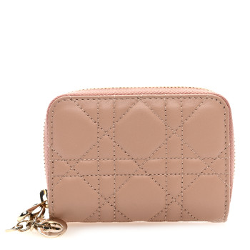 CHRISTIAN DIOR Lambskin Cannage Small Lady Dior Voyageur Coin Purse Rose Des Vents