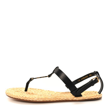 SAINT LAURENT Calfskin Raffia Cassandra Monogram Sandals 38.5 Black