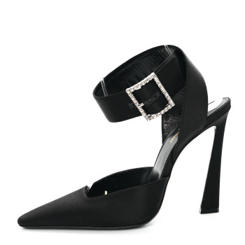 SAINT LAURENT Crepe Satin Crystal Buckle Claude 110 Slingback Pumps 38 Black