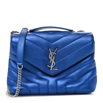SAINT LAURENT Metallic Calfskin Y Quilted Monogram Small Loulou Chain Satchel Blue Royal