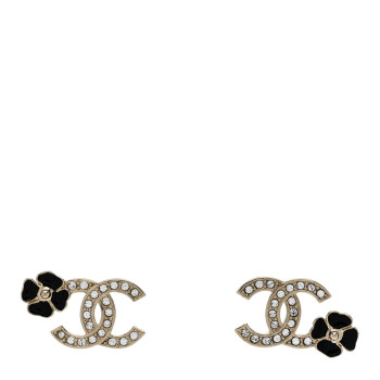 CHANEL Metal Resin Crystal CC Flower Earrings Black Gold