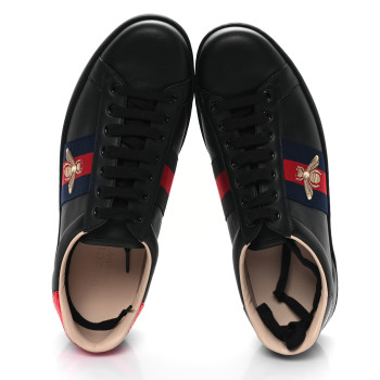 GUCCI Miro Soft Calfskin Laminated Ayers Web Bee Embroidered Mens Ace Sneakers 10.5 Black Red Flame Night