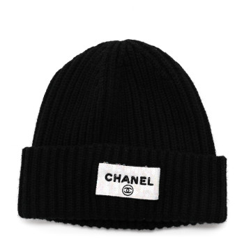 CHANEL Cashmere Beaded Sequin Logo Beanie Hat Black