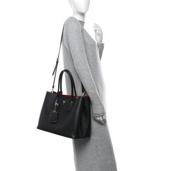 PRADA Saffiano Cuir Large Double Bag Black Fuoco
