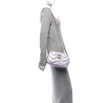 GUCCI Iridescent Nappa Chevron Matelasse Small GG Marmont Chain Shoulder Bag Iridescent Snow Light Blue