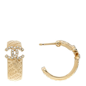 CHANEL Metal Crystal CC Logo Hoop Earrings Gold