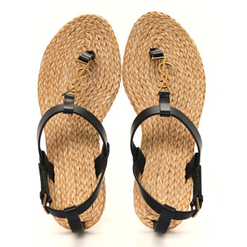 SAINT LAURENT Calfskin Raffia Cassandra Monogram Sandals 38.5 Black