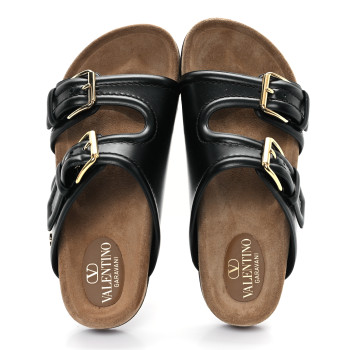 VALENTINO GARAVANI Calfskin Fussfriend Double Buckle Slide Sandals 38 Black