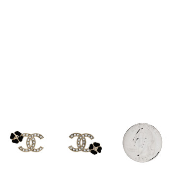 CHANEL Metal Resin Crystal CC Flower Earrings Black Gold