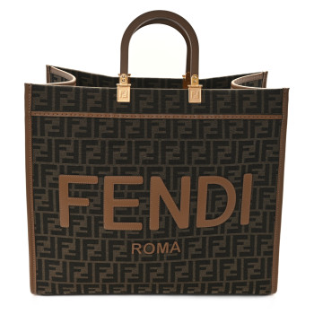 FENDI Fabric Jacquard FF 1974 Logo Large Fendi Sunshine Shopper Tote Tobacco Moro Sand