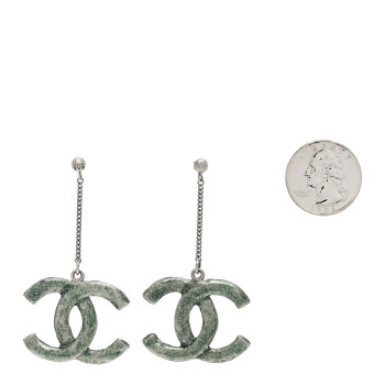 CHANEL Glitter Enamel CC Drop Earrings Silver Green