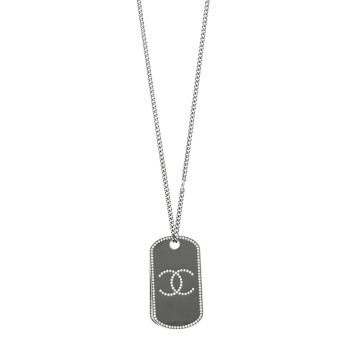 CHANEL Metal Crystal Ruthenium Dog Tag Charm Necklace Black