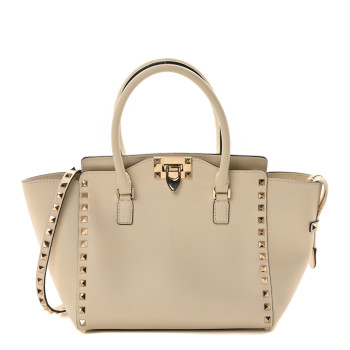 VALENTINO GARAVANI Vitello Small Rockstud Double Handle Tote Ivory