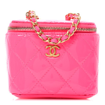 CHANEL Patent Quilted Pearl Crush Mini Vanity Case With Chain Neon Pink