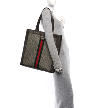 GUCCI GG Supreme Monogram Web Large Ophidia Vertical Shopping Tote Brown