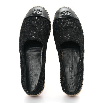 CHANEL Tweed Patent Goatskin Sequin CC Espadrilles 40 Black