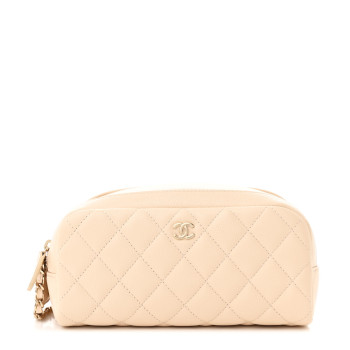 CHANEL Caviar Quilted Toiletry Case With Chain Light Beige