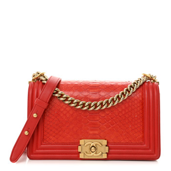 CHANEL Snakeskin Medium Boy Flap Red