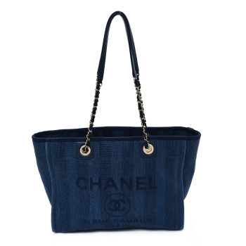 CHANEL Mixed Fibers Striped Small Deauville Tote Navy Blue