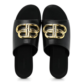 BALENCIAGA Shiny Sheepskin Oval BB Mule Sandals 36 Black