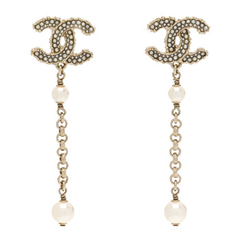 CHANEL Pearl CC Chain Drop Earrings Gold