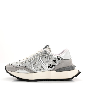 VALENTINO GARAVANI Metallic Calfskin Lace Mesh Lacerunner Sneaker 38.5 Silver Pastel Gray