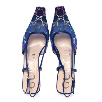 GUCCI Tela Retino Nappa Charlotte Crystal GG Monogram Square G 35mm Slingback Pumps 35.5 Splash Net Blue Witch