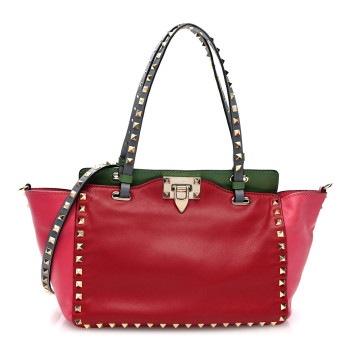 VALENTINO GARAVANI Vitello Colorblock Small Rockstud Tote Deep Rose Clover Grey Scarlet