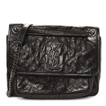 SAINT LAURENT Crinkled Calfskin Matelasse Monogram Medium Niki Chain Satchel Moka