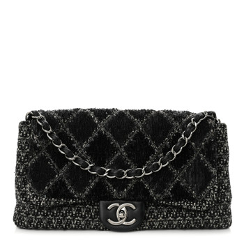 CHANEL Sequin Tweed Icons Large Accordion 3 Flap Black