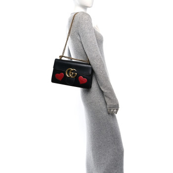 GUCCI Knight Calfskin Malaga Kid Heart Medium GG Marmont Chain Handle Bag Black Hibiscus Red Multicolor