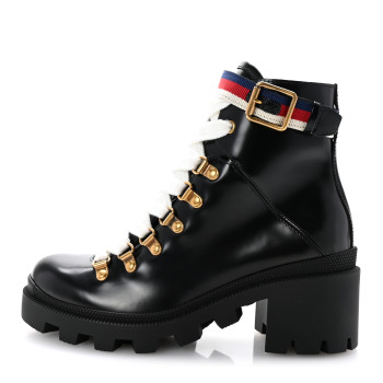 GUCCI Calfskin Sylvie Web Lace Up Combat Boots 35 Black