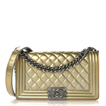 CHANEL Metallic Patent Calfskin Quilted Medium Boy Flap Silver