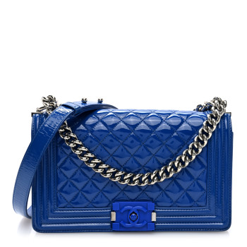 CHANEL Patent Calfskin Quilted Medium Plexiglass Boy Flap Blue