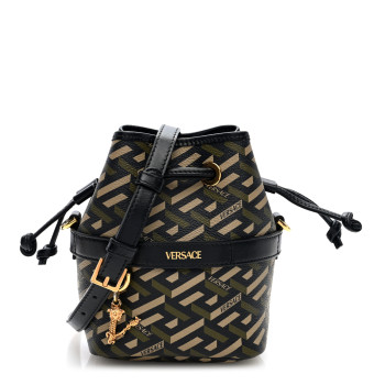 VERSACE Coated Canvas La Greca Mini Bucket Bag Black Green Beige