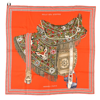 HERMES Silk Selle Des Steppes Scarf 90 Orange Kaki Corail